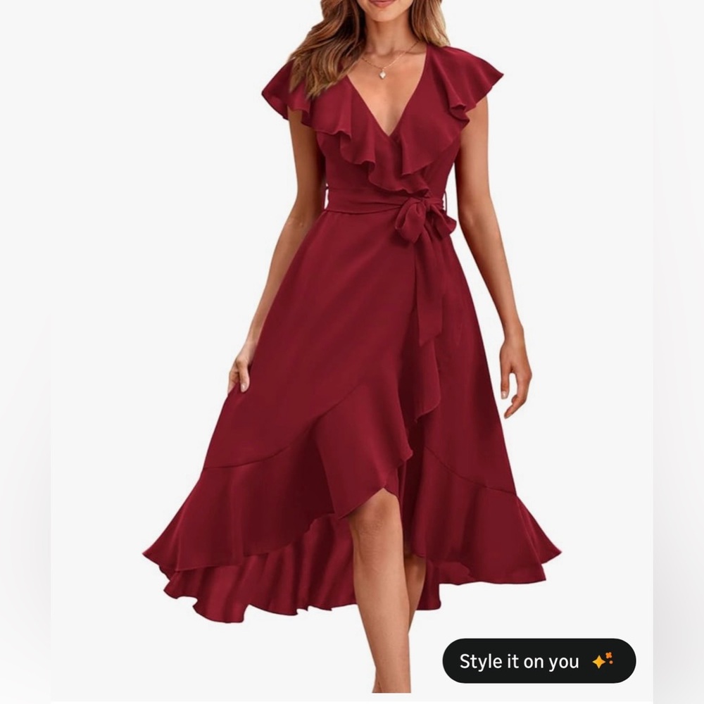 Women's Ruffled Wrap Midi Dress - Burgundy